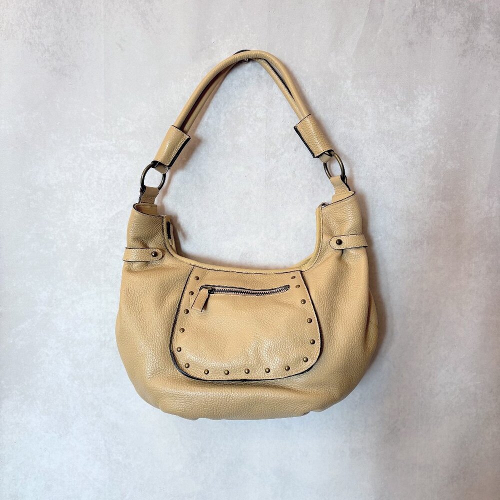 Maxx New York Round Hobo Leather Shoulder Bag Handbag Beige Purse